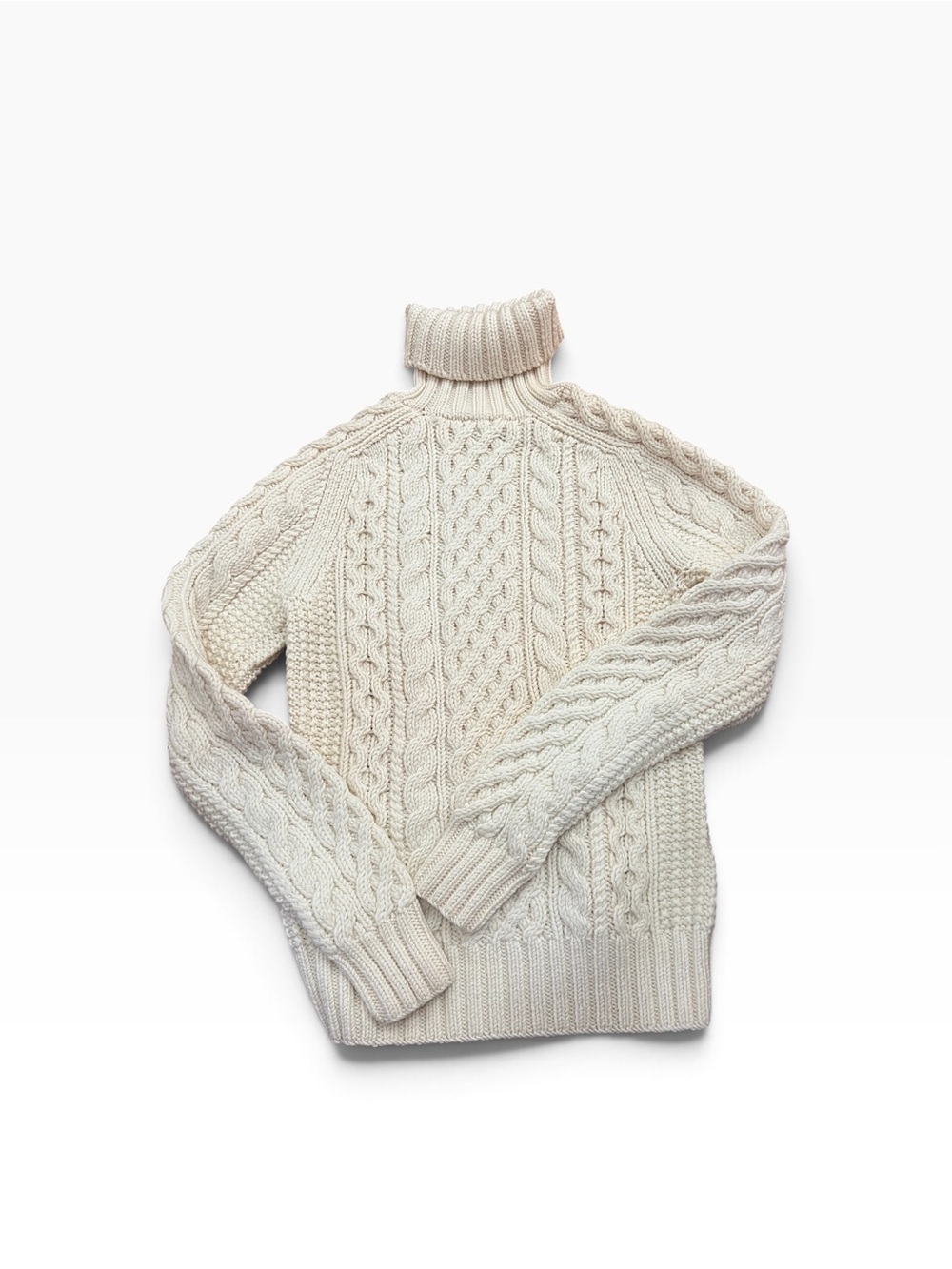 J. Crew Handknit 100% Wool Cable Knit Aran Fisherman Turtleneck Sweater, Cream M